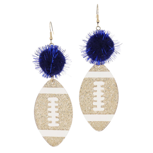 Navy Tinsel Pom and Golden Glitter Acrylic Football Earrings, 3.5" Top to Bottom