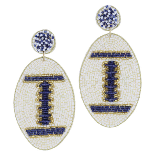 Navy and Ivory Beaded Post with Navy, Ivory, Gold Beaded Football Earrings, 3.25" Top to Bottom