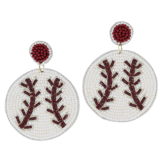 Maroon Beaded Post with White and Maroon Beaded Baseball Earrings, 2.75" Top to Bottom