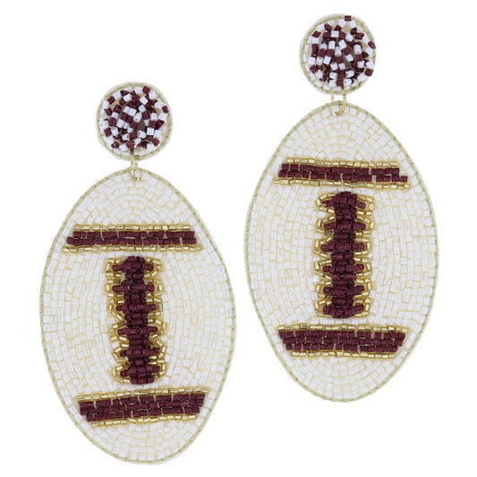 Maroon and Ivory Beaded Post with Maroon, Ivory, Gold Beaded Football Earrings, 3.25" Top to Bottom