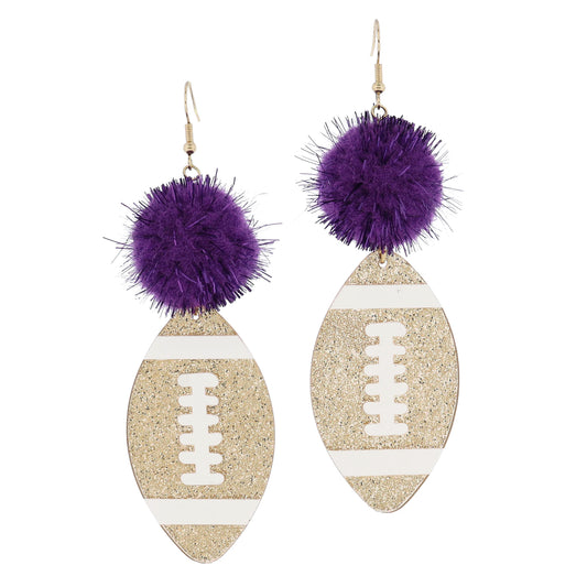 Purple Tinsel Pom and Golden Glitter Acrylic Football Earrings, 3.5" Top to Bottom