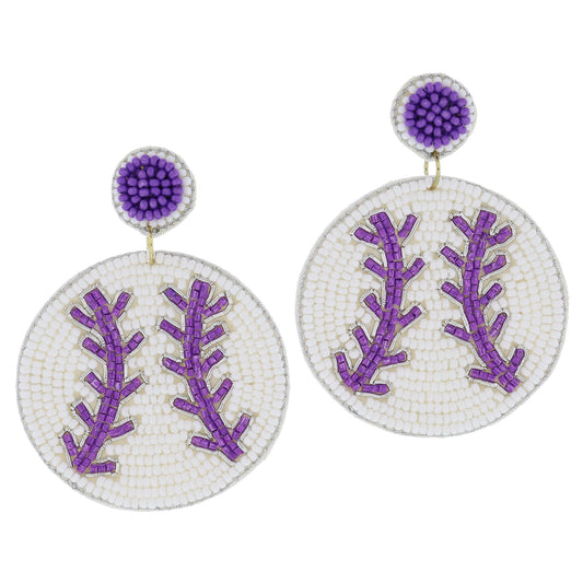 Purple Beaded Post with White and Purple Beaded Baseball Earrings