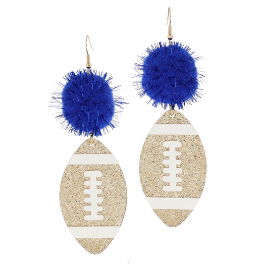 Royal Blue Tinsel Pom and Golden Glitter Acrylic Football Earrings, 3.5" Top to Bottom
