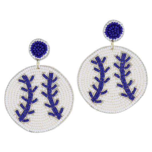 Royal Blue Beaded Post with White and Royal Blue Beaded Baseball Earrings, 2.75" Top to Bottom