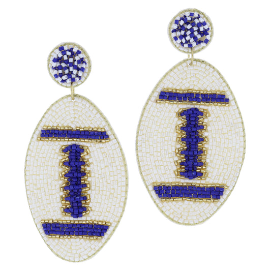 Royal Blue & Ivory Post with Royal Blue, Ivory, Gold Beaded Football Earrings, 3.25" Top to Bottom