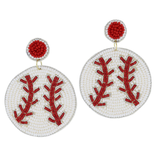 Crimson Beaded Post with White and Crimson Beaded Baseball Earrings, 2.75" Top to Bottom