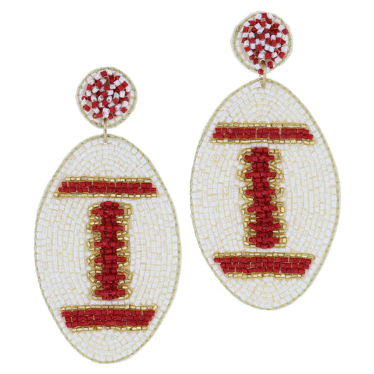 Crimson & Ivory Beaded Post with Crimson, Ivory, Gold Beaded Football Earrings, 3.25" Top to Bottom
