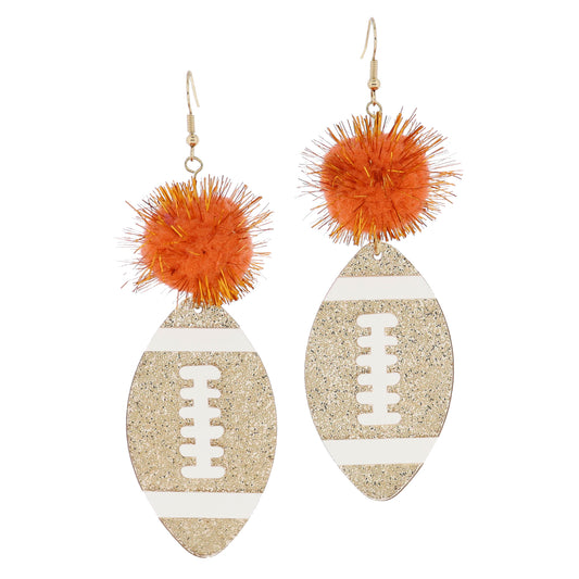 Orange Tinsel Pom and Golden Glitter Acrylic Football Earrings, 3.5" Top to Bottom