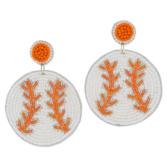Orange Beaded Post with White and Orange Beaded Baseball Earrings, 2.75" Top to Bottom