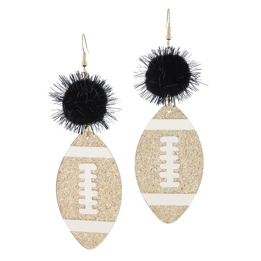 Black Tinsel Pom and Golden Glitter Acrylic Football Earrings, 3.5" Top to Bottom