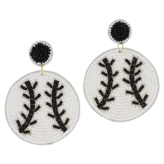 Black Beaded Post with White and Black Beaded Baseball Earrings, 2.75" Top to Bottom