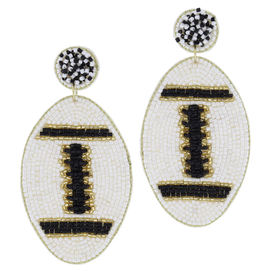 Black and Ivory Beaded Post with Black, Ivory, Gold Beaded Football Earrings, 3.25" Top to Bottom