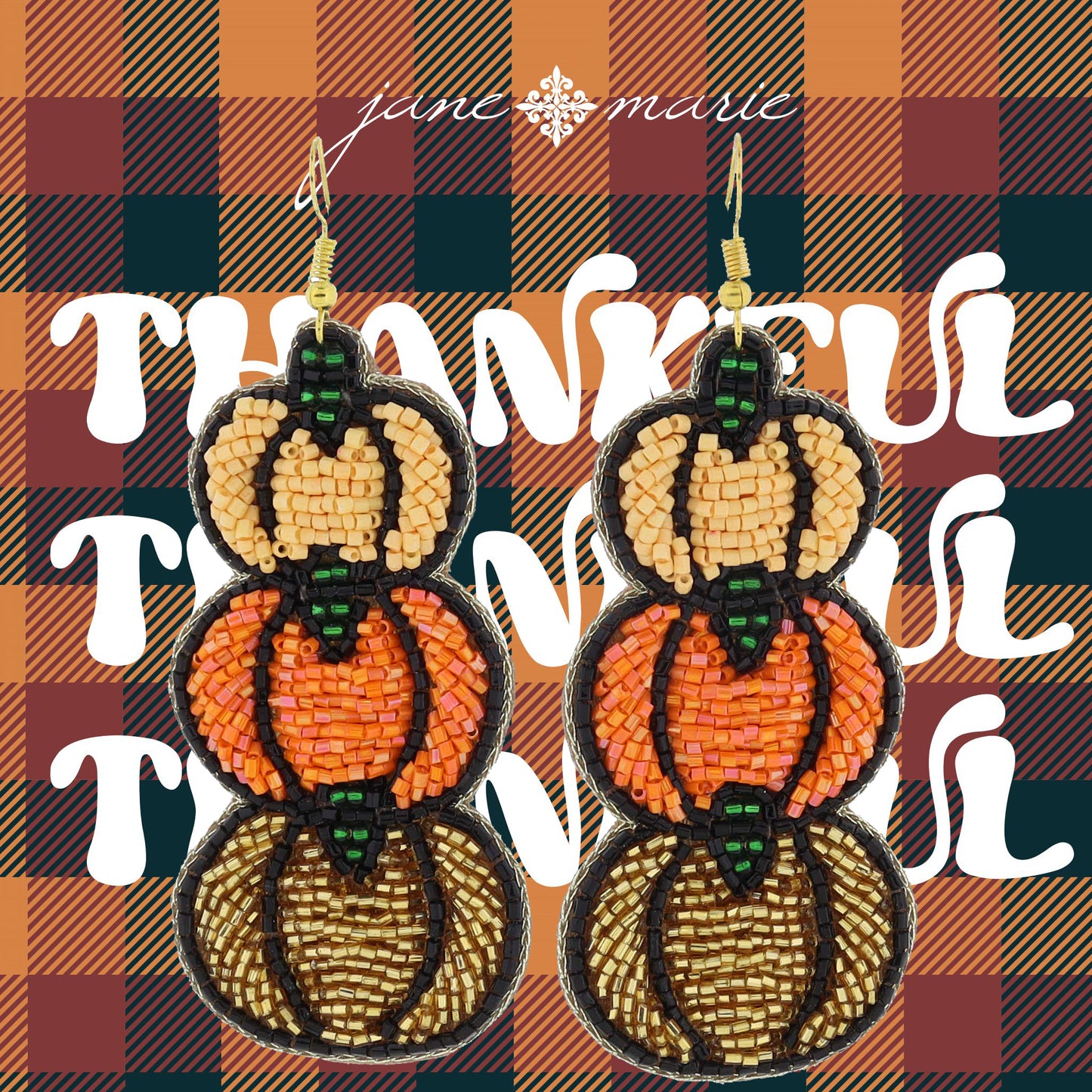 Stacked Peach, Orange, Gold Pumpkins with Black & Green Beaded Accents Earrings, 3" Top to Bottom