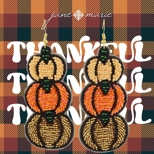 Stacked Peach, Orange, Gold Pumpkins with Black & Green Beaded Accents Earrings, 3" Top to Bottom