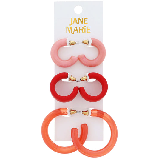 Set of 3, Soft Pink Resin Tubular Hoop & Red Hoops Earrings, 1", 1", 1.65" Top to Bottom Wide