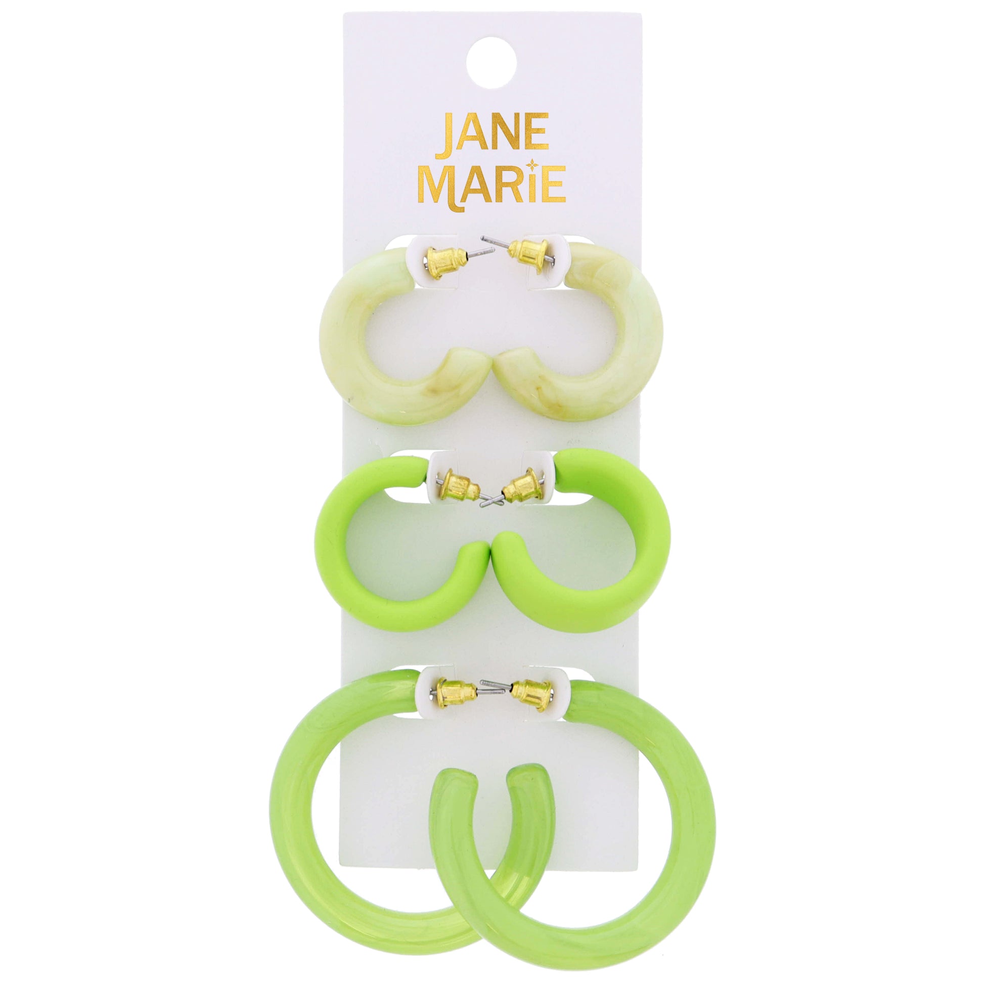 Set of 3, Lime Mix Resin Hoop Earrings, 1", 1", 1.65" Top to Bottom Wide