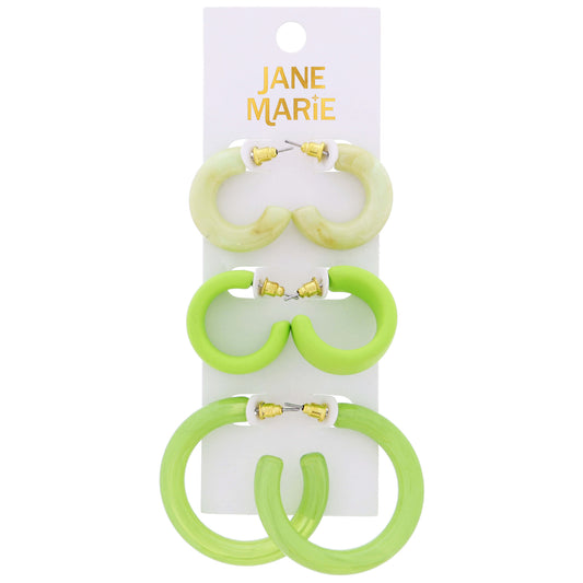 Set of 3, Lime Mix Resin Hoop Earrings, 1", 1", 1.65" Top to Bottom Wide