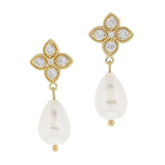 Golden Hugs! 18K Gold Plated Crystal Quartrefoil & Pearl Drop Earrings