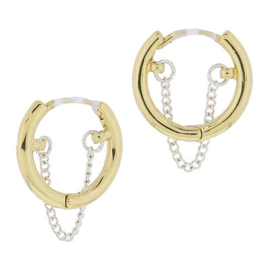 Golden Hugs! 18K Gold Plated Tubular Huggie with Silver Chain Accent Earrings
