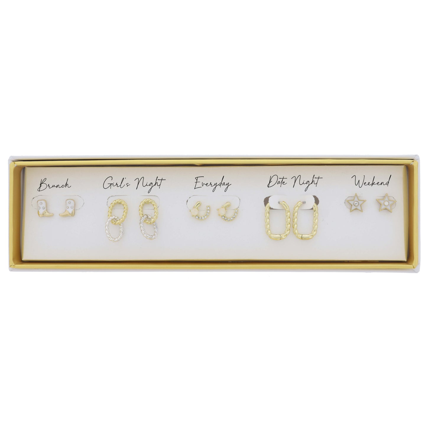 Set of 5, White Boot, Gold & Silver Twist Ovals, Horseshoe, Twist Oval Huggie, Star Earrings