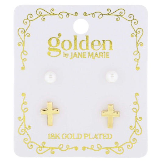 Golden Beauty! Kids 18K Gold Plated Mini Pearl & Gold Cross Stud Earrings Set