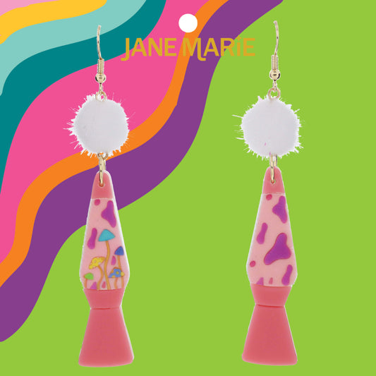 White Pom with Iridescent Tinsel and Multi Pink Acrylic Lava Lamps with Mushrooms Earrings