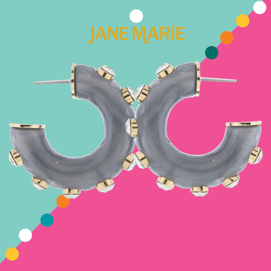 Chunky Shimmery Grey Resin Tubular Hoop with Clear Crystal Accents Earrings