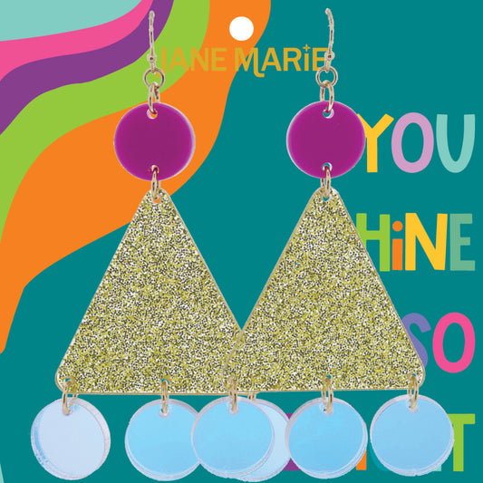 Fushia Purple Disc and Gold Glitter Resin Triangle with Multi Iridescent Disc Dangles Earrings