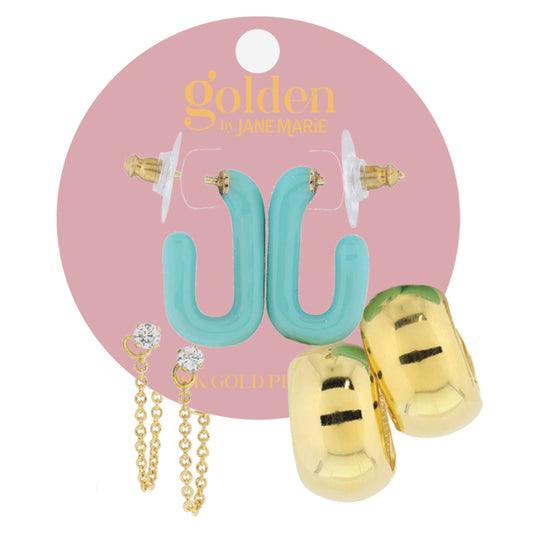 Golden Trio! 18K Gold Plated Crystal & Wrap Chain, Turquoise Hoop, Gold Huggie Earrings Set