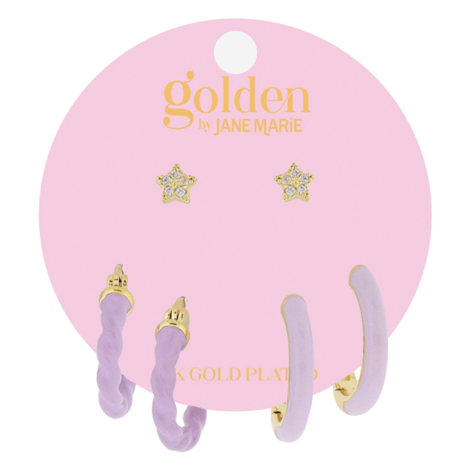 Golden Trio! 18K Gold Plated Star Stud, Lavender Twist Huggie, Lavender Huggie Earrings