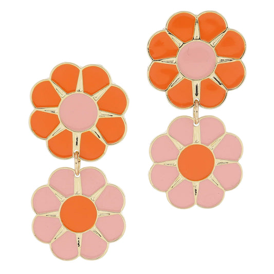 Alternating Orange and Pale Pink Enamel Flowers Earrings