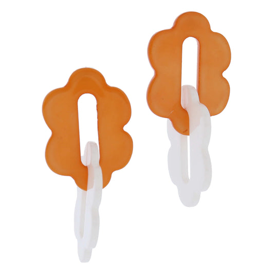 Elongated Orange and White Linked Acrylic Flowers Earrings
