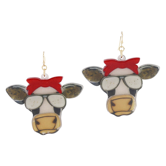 Multi Glitter Acrylic Cow Head with Red Bandana Bow and Sunglasses Earrings