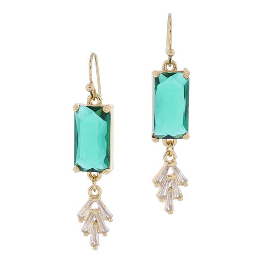 Long Emerald Crystal and Mini Clear Skinny Trapezoid Crystal Cluster Earrings