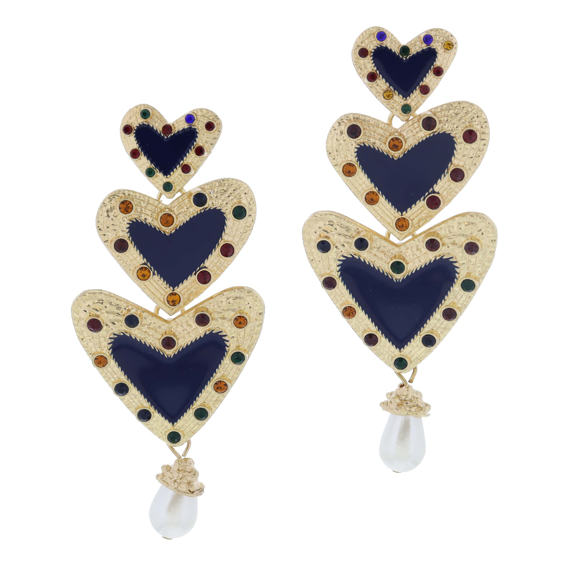 Navy Enamel Hearts with Gold Textured Edge and Multi Crystal Accents with Drop Pearl Earrings