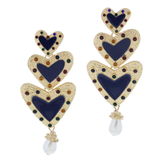 Navy Enamel Hearts with Gold Textured Edge and Multi Crystal Accents with Drop Pearl Earrings