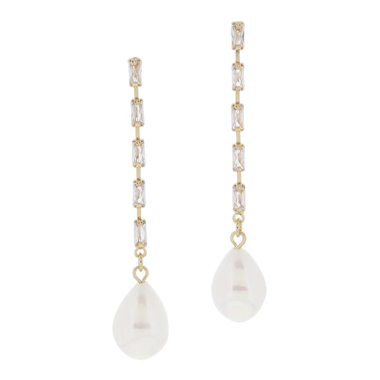 Clear Baguette Crystals Dangle with Natural Pearl Drop Earrings