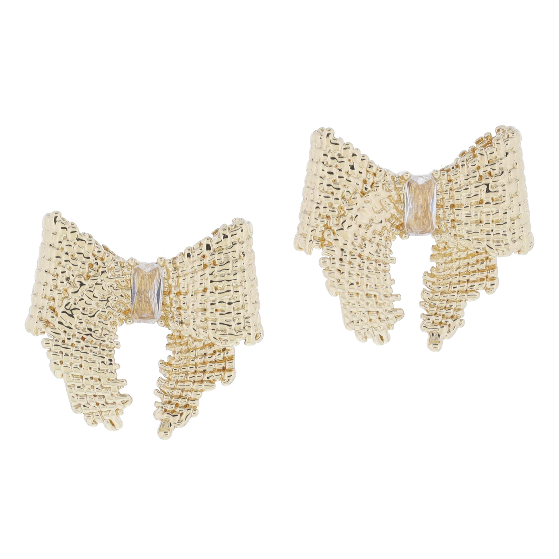 Textured Gold Bow with Champagne Baguette Crystal Accent Earrings