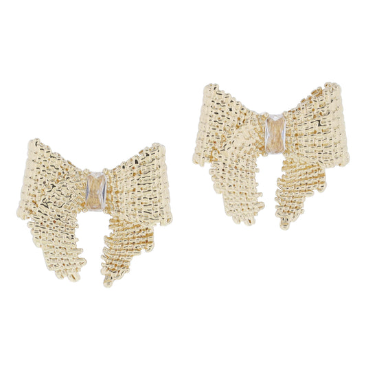 Textured Gold Bow with Champagne Baguette Crystal Accent Earrings