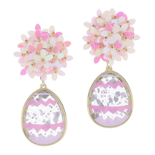 Pink Iridescent Flower Sequin Cluster Post and Glitter Resin with Pink and Lavender Egg Earrings