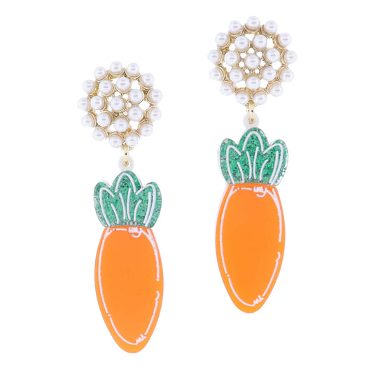 Pearl Cluster Post and Green Glitter Resin with Orange Acrylic Carrot Earrings