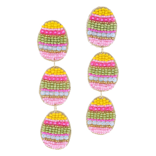 Tierred Multi Beaded Easter Eggs Earrings, 3.85" Top to Bottom