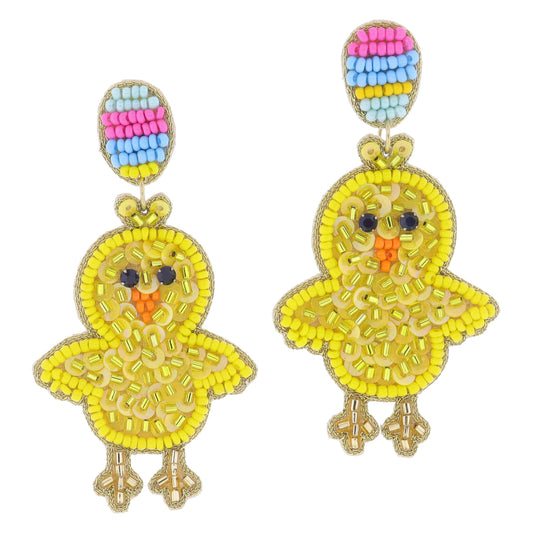 Multi Beaded Egg Post and Yellow Beaded and Sequin Chick Earrings, 3" Top to Bottom