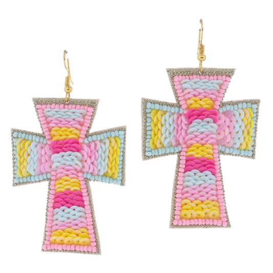 Multi Beaded and Sequin Cross Earrings, 2.75" Top to Bottom