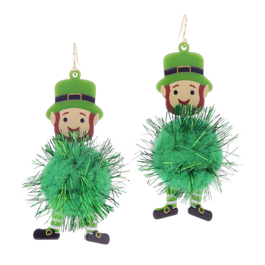 Acrylic Leprechaun Head and Legs with Green Tinsel Pom Body Earrings