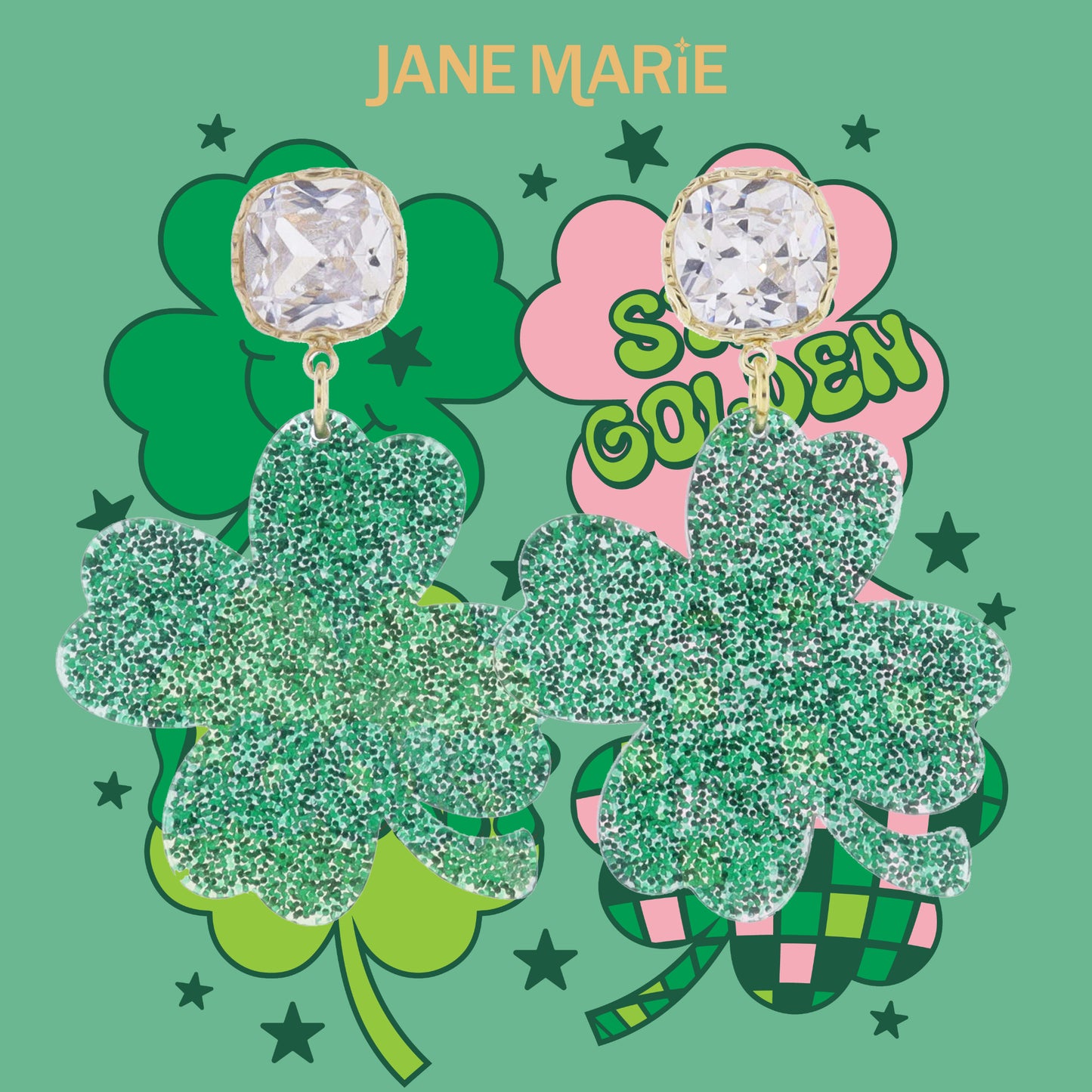 Clear Crystal Post and Green Glitter Four Leaf Clover Earrings