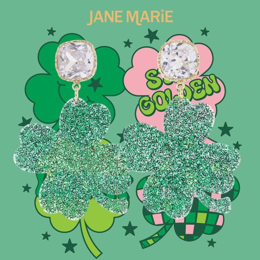 Clear Crystal Post and Green Glitter Four Leaf Clover Earrings