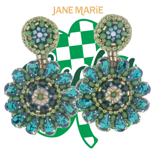 Multi Green Sequin, Crystal, Beaded Post and Flower Earrings, 2.5" Top to Bottom