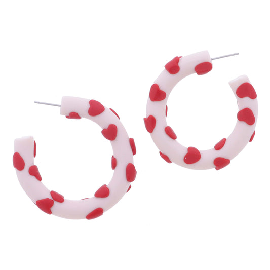 Pale Pink Tubular Hoop with Red Hearts Earrings