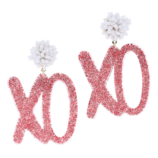 White Beaded Cluster Post andRed Glitter Resin "XO" Earrings